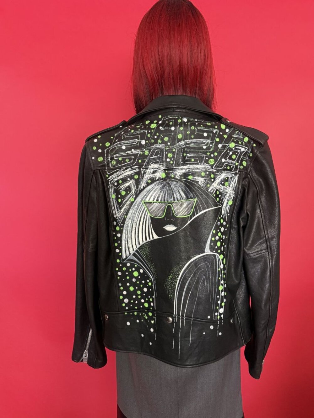 Upcycled Hand-Painted Leather Biker Jacket | Lady Gaga Inspired Pop Art Portrait